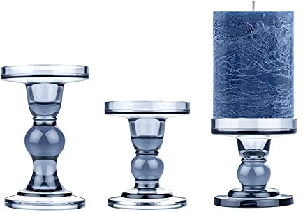 Set of 3 Glass Pillar Candle Holder Candlestick Taper Candle Set Crystal Blue Candlesticks Holder for Home Fireplace Table Bath Wedding Decoration