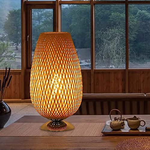 GUANSHAN Tischlampe aus Bambusgeflecht, Zen-Atmosphäre, Schreibtischlampe, Laterne, Tischlampe, Nachttischlampe, dekorative Leuchte, Tischbeleuchtung für Wohnzimmer, Schlafzimmer, Knopfschalter