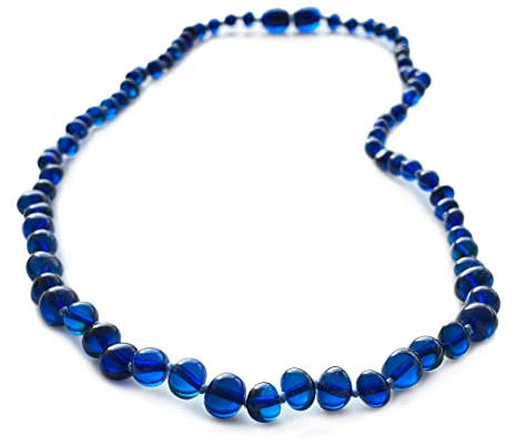 Amberistan Collier d'ambre bleu pour femme - 100% véritable - Collier fait main à partir de perles baroques certifiées des Caraïbes - 45 cm, Gemme, ambre (Bleu)