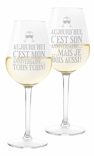 Colorfamily Coppia Calici Divertenti Set da 2 calici Vino Il Suo Compleanno ma Bevo anch'io Matrimonio Fidanzamento - Bicchiere in Vetro 500 ml