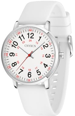 CNYXCN Nurse Watch for Medical Students,Doctors,Women Men with Second Hand and 24 Hour,Easy to Read Dial,Silicone Band,Water Resistant (White)
