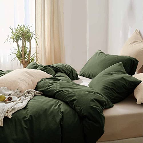 Dark Olive Green Duvet Cover Queen Size, 3pc Soft Farmhouse Bedding Comforter Cover Set With Zipper Closure, 1 Lightweight Microfiber Duvet Cover (90x90 inches) and 2 Pillow Shams for Women Men