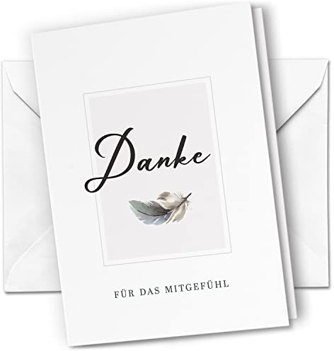 Danksagungskarten Trauer – 10 Klappkarten mit Umschlägen – Motiv: Feder Edel Schlicht – Trauerkarten Danksagung mit Text – Dankeskarten Trauer nach Beerdigung