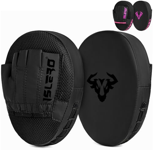 Islero Fitness Matte Black Boxing Pads Men focus Mitts Punching Women MMA Muay Thai Martial Arts KickBoxing Hook and jab Hand Target Strike Shield Training Pads (Black)