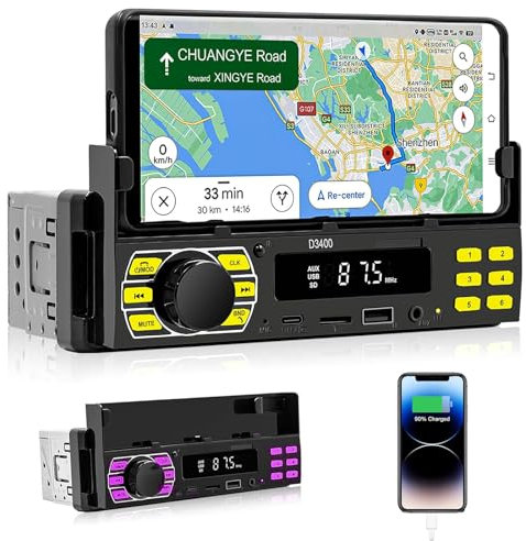 1 DIN Radio Coche Bluetooth - Control de la aplicación MP3 / USB/FM/TF/AUX in - Radio CD Coche con Control Remoto de Soporte para teléfono