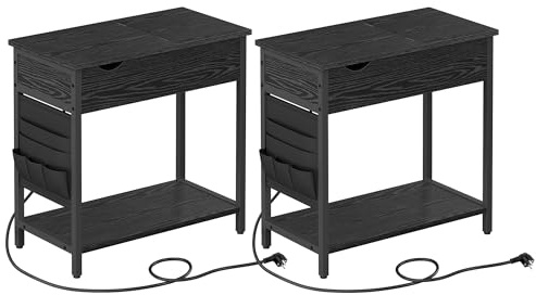 ☆ Sidobordsset med 2, nattduksbord med uttag, smal, med USB-portar, svart med trämaskor LCT647B56