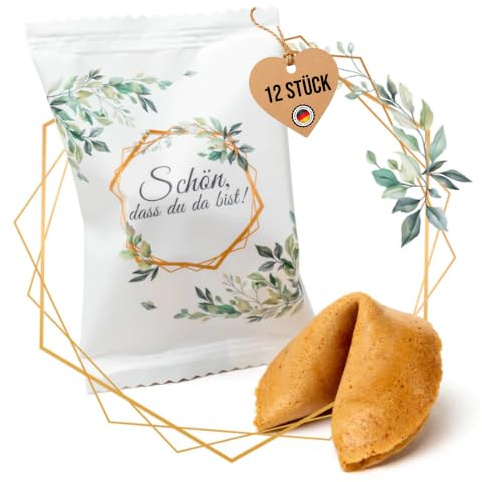 Lucky Treats - Schön, dass du da bist Glückskekse Weiß Eukalyptus - 12er Box - Mit liebevollen Botschaften auf Deutsch und Englisch - Gastgeschenke für Hochzeit & Taufe- Made in Germany