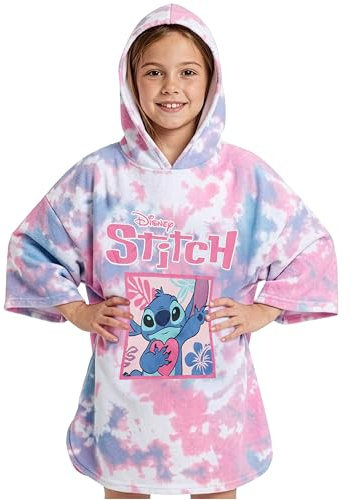Disney Stitch Bath Towel with Hood for Kids & Teenagers Absorbent Changing Robe Poncho Towel for Swimming Bath Shower Beach Towel Holiday Essentials (Pink/Blue Stitch, 10-13 Years)