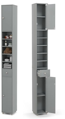GIANTEX Badschrank Hochschrank, 20 x 20 x 180 cm, Badezimmerschrank Schmal mit Schublade, 2 Türen & 5 offenen Ablagen, Schrank fürs Badezimmer & Wohnzimmer (5 Ablagen, Grau)