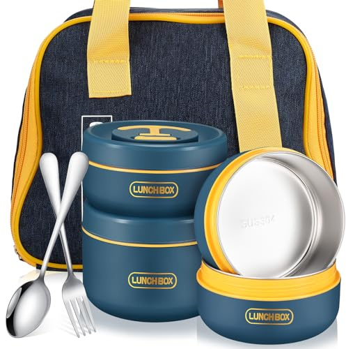 Dandat 3 Pcs Portable Insulated Lunch Container Set for Adult Kids, Stackable Stainless Steel Bento Box for Hot Food with Insulated Lunch Bag Unisex 3 Separate Thermal Food Container