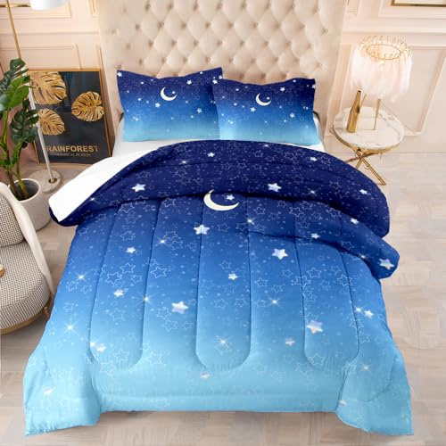Coverless Duvet Single Child Blue Moon Coverless Duvet Single Microfiber Quilted Bedspreads All Seasons Bedspread Breathable Comforter Soft Quilted Throw+2 Pillowcases(50x75cm) 173x218cm