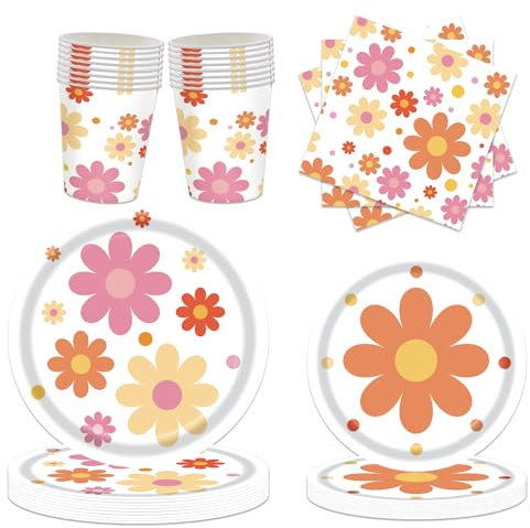 LOONELO Daisy Flower Party Tableware Set, 68pcs Daisy Flower Paper Plates Napkins Cups, Two Groovy Disposable Party Supplies Decorations for Baby Shower Birthday Wedding Seasonal Holiday