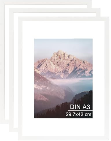 OMISHE 3er Pack Massivholz Bilderrahmen A3 29,7x42 cm, Weißer Bilderrahmen DIN A3 mit A4 Passepartout und Plastikhülle, Holz 29,7x42 cm Rahmen für Wand, Weiß, 3er Pack