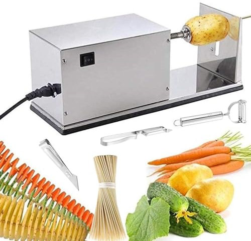 Tornado Coupe-Pommes De Terre En Spirale,Coupe-Frites BoucléS Torsadé Manuel Automatique Acier Inoxydable-3 Outils D'éPluchage/100 BâTonnets Bambou-Pour Pommes Terre,Carottes,Concombres,Silver
