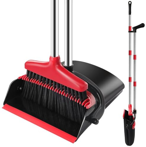 Bingobang Dustpan and Brush Set Long Handled – Broom and Dustpan Set Reduce Bending Tall Lobby Dustpan and Sweeping Brush (Black-red)