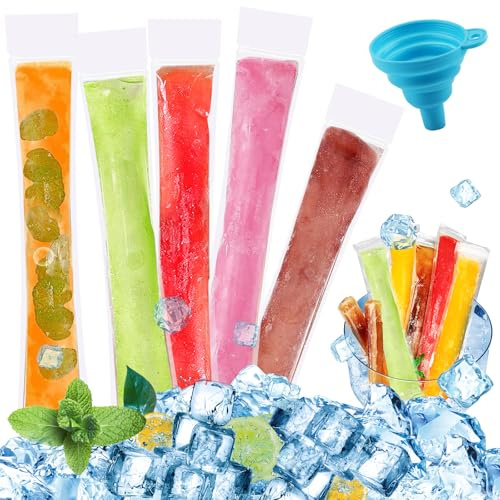 Wassereis Tüten, RosyFate 100 Pack Wassereis Formen, Wassereis Tüten Wiederverwendbar, mit Trichter, Mehrweg, Ice Pop Maker, Popsicle Formen (27 x 5.5 Cm)