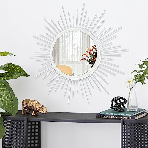 HLFMVWE Miroir mural Sunburst Decor Art Mirror Bohémien Home rond moderne en métal pour chambre à coucher, salon, couloir, salle de bain, balcon, maison de campagne - Blanc - 60 x 60 cm