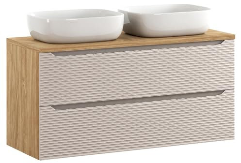 Lomadox Badezimmer Doppelwaschtisch 120cm in Eiche, Front in beige mit 3D-Oberfläche