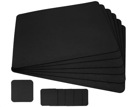 Tischset-Set, 6 Kunstleder-Tischsets Schwarz (24 x 32 cm) und 6 Untersetzer (10 x 10 cm), Doppelseitig, Abwaschbar, rutschfest, Knitterfrei, Schmutzabweisend (Schwarz)