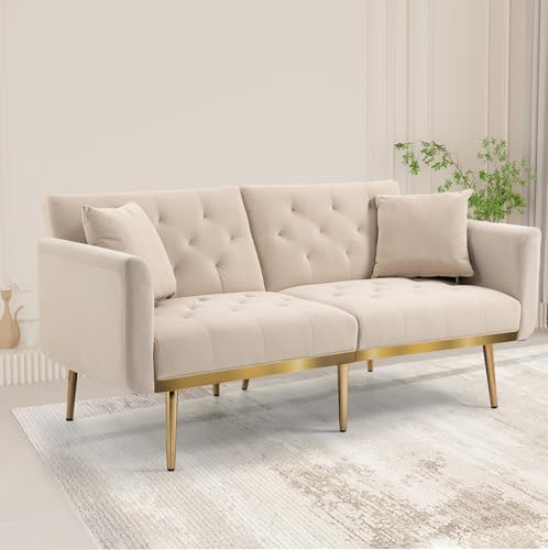 Ymkua Klappbares Schlafsofa mit Schlaffunktion, Verstellbares Sofa Bettsofa mit Hilfsfüßen, Doppelsofa Polstersofa, Modern Couch für Wohnzimmer, Schlafzimmer, Samtstoff, 161.97x77.97x79.98 cm (Beige)