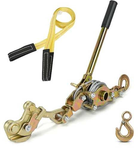 Zipline Tensioning Kit with Cable Grip Steel Wire Puller & 2 Safety Hooks | 600 lbs Hand Cable Winch Puller, Anti-Reverse Brake, Tree Sling for 3/16-1/2 in Wire Rope Setup, Zipline Cable Tensioner Kit