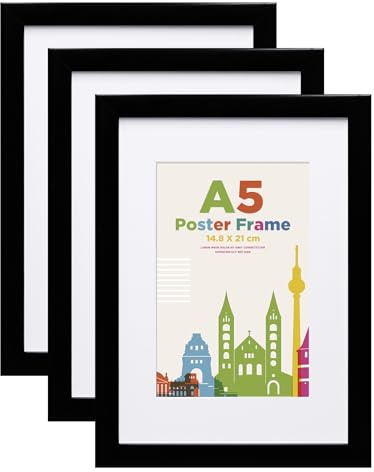 Egofine Bilderrahmen A5, Holzrahmen A5 mit Acrylglas Passepartout für Fotos 10 x 15 cm, Zertifikatsrahmen für Tisch- und Wandmontage,14.8 x 21 cm Posterrahmen für Portrait,Zuhause, Büro,Schwarz,3er