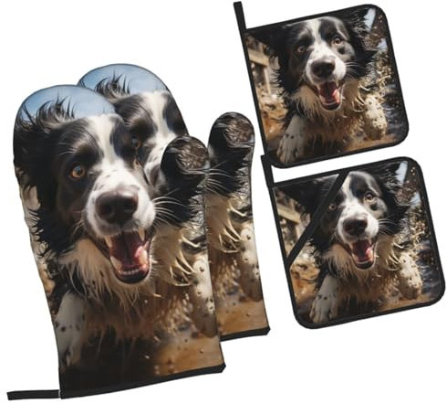 Mitaines De Cuisine Pasteur Border Collie Professionnel Gauntlet Anti Chaleur Maniques Cuisine pour Four Grillade Barbecue,4 Pièces