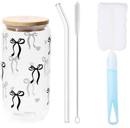 Leseogye Black Bow Glass Cup with Lids and Straw, 16oz Cute Cup Tumbler with Cleaning Brush, Aesthetic Clear Iced Coffee Smoothie Cup, Ideal for Cocktail, Coke, Soda