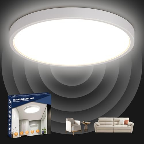 Letlit Lampe mit Bewegungsmelder Innen, 24W 2400LM LED Deckenleuchte mit Lichtsensor, Einstellbare Schaltzeit: 30S/120S/180S, IP54 4000K Deckenlampe für Flur, Treppe, Garage, Keller, Balkon 30cm