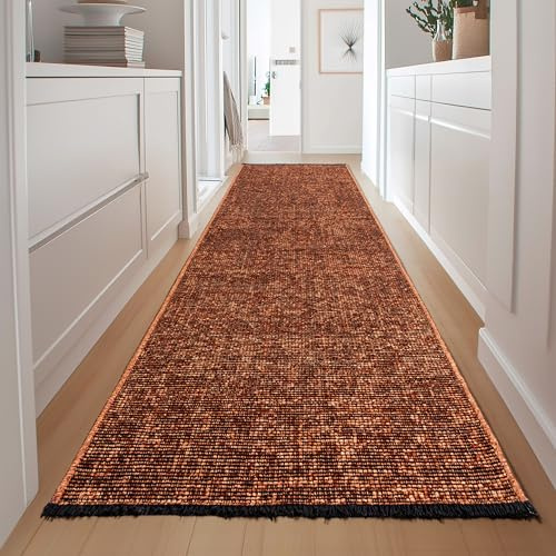 HomebyHome, Baumwolle Teppich Läufer Terrakotta 80x250 cm - Waschbar, Boho-Stil, Vintage Kelim, Kurzflor, rutschfest & Weich, Einfarbig Meliert, Für Küche, Schlafzimmer & Flur