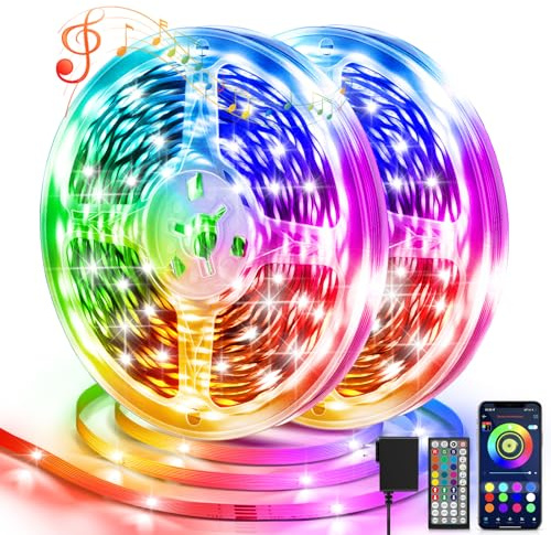 LED Streifen 30m, RGB Strip with Remote&Bluetooth APP Control&Musik Sync, LED Leiste Lichterkette Dimmbar Farbwechsel, Lichtleiste Selbstklebend, Lichtband mit Timer für Zimmer/Küche/Party Deco 2×15m