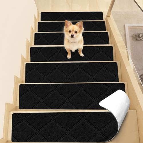 YushengTai Antiderapant Escalier, 15 Pièces Tapis Escalier Antidérapant Autocollant, Moquette Escalier Protection pour Animaux de Compagnie et Enfants Plus âgés (Noir, 55 cm x 19 cm)