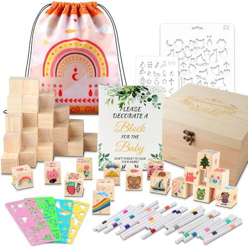 DXLing 93 Stück Babyparty Spiele Bausatz mit 60 Holzwürfeln zum Bemalen + 24 Acrylstiften + 6 Schablonen + Weiß Holzschild + Holzbox Babyshowerparty Spiele Aktivitäten für Gäste Geeignet