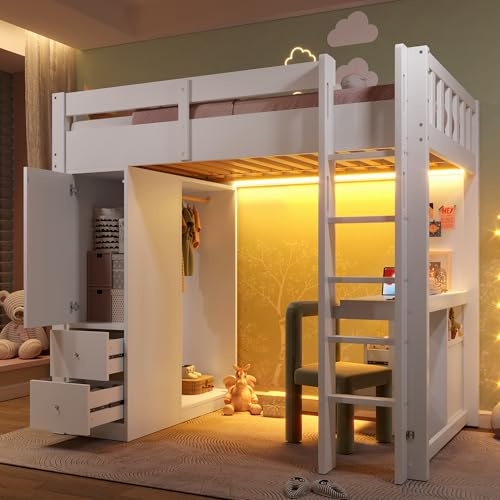 Easexcy Letto a soppalco, 90 x 200 cm, con 4 cassetti e 1 armadietto, scrivania sotto il letto, armadio aperto, bianco