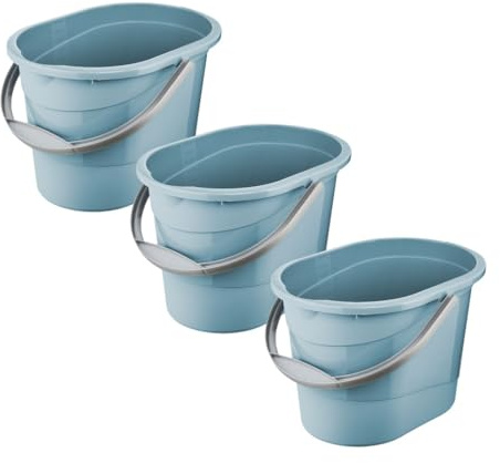 keeeper Thies 3X Putzeimer mit ergonomischem Griff, Griffmulde und Ausguss, 13 l, Oval, 37,5 x 26,5 x 25 cm, Nordic Blue