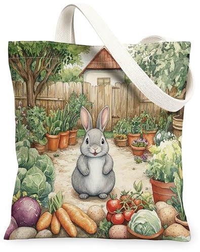 Spring Bunny Rabbit Gardening Canvas Tote Bag for Shopping 13x15, Animal Farmhouse Country Reusable Grocery Print Pattern Bag for Women, Planting Aesthetic Painting Gift Decor