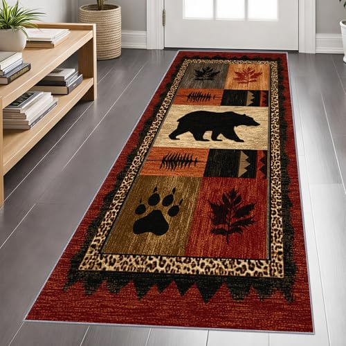 Rustic Cabin Bär Teppich Läufer Flur 60x150cm, Rote rustikale Hütte Teppichläufer, Landhaus Küchenläufer, rutschfest Teppich für Wohnzimmer, Flur, Küche, Eingang, Esszimmer