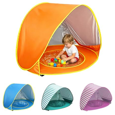 Tenda da spiaggia Baby Pop Up con mini piscina, tenda da spiaggia per bambini con protezione UV, tenda da spiaggia portatile per bambini, tenda da spiaggia per spiaggia, giardino e viaggi (arancione)