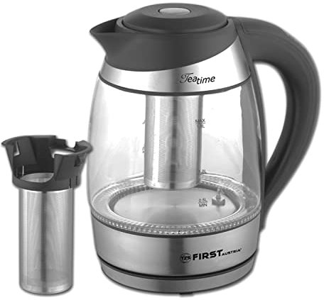 TZS First Austria Edelstahl Glaswasserkocher mit Teefilter 1,8L, 2200W, Temperatureinstellung 40 Grad, Wasserkocher, Farbwechsel, LED Beleuchtung-Farbe je nach Temperaturwahl, schwarz