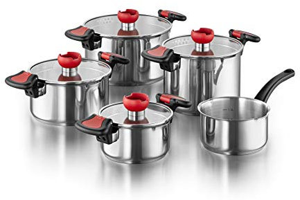 KOPF Set de casseroles Nelo en acier inoxydable, batterie de cuisine à induction avec auxiliaire de versement intelligent, 4 casseroles avec couvercle en verre et 1 cocotte, 9 pièces