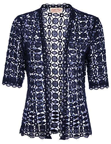 Belle Poque Women's Lace Hollow Knit Cardigan Half Sleeve Crochet Bolero Shrug Jacket (Navy,L)