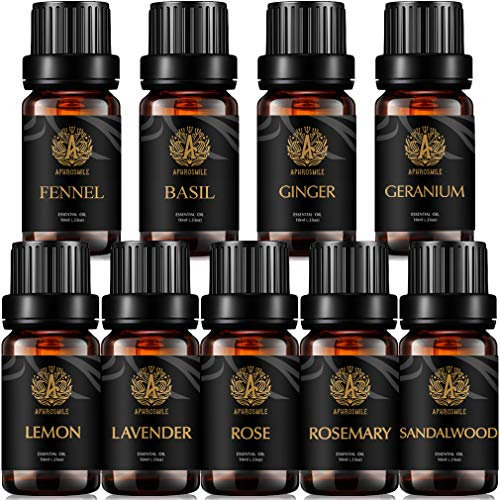 Aromatherapie Fenchel ätherisches Öl Set für Diffusor, 100% reines Geranium ätherisches Öl Kit für Hause, 9x10ml Therapeutische Grade Rose ätherische Öle Set- Basilikum,Ingwer,Zitrone,Rosmarin Öle...