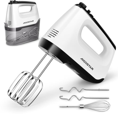 Aigostar Hand Mixer Electric Whisk with 6 Speeds and Turbo Boost, 400W, Ejection Button, Stainless Steel Beaters and Dough Hooks for Kitchen Baking Food Beater - Pudding 30XPZ