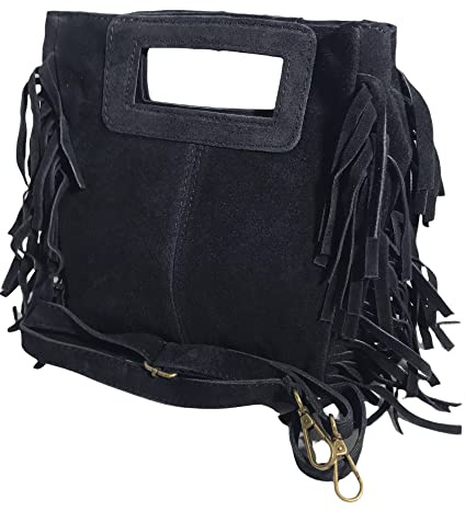 DHDB-Sac à Main Femmes Cuir Véritable Façon Daim à Franges Bandoulière Porté Epaule Italien Alba-Noir