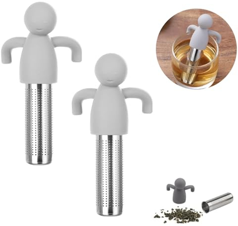 peiyee Teesieb 2 Stück Stainless Steel Tea Filter, Humanoides Teesieb mit Griff, Grau, Edelstahl + Silikon, 11x4x3cm