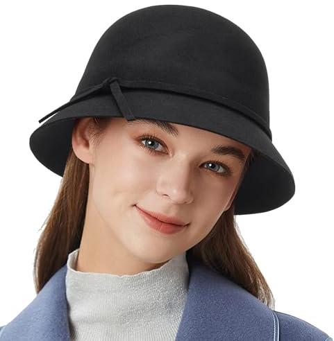 HilyBony Damen-Glockenhut im Stil der 1920er-Jahre, mit Schleife, Vintage-Stil, Kirchenkleid, Wollfilz, Fischerhüte für den Winter, Schwarz , M