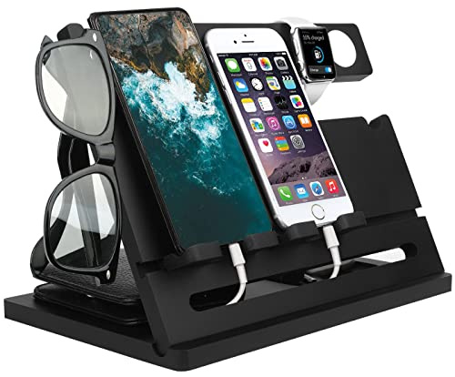 Wood Double Phone Docking Station Ash Key Holder Wallet Stand Watch Organizer Men Wife Dad Birthday Gift Nightstand Father Gadgets Compatible with iPhone iWatch AirPods