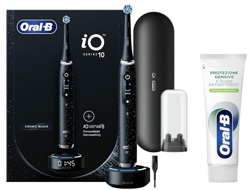 Oral-B Spazzolino Elettrico Ricaricabile iO 10 Nero + 1 Testina, 1 Custodia Da Viaggio ricaricabile, 1 Caricatore iO Sense, 1 Spazzolino + Dentifricio Protezione Gengive Pulizia Profonda 75ml