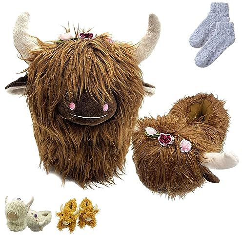 DINNIWIKL Highland Cow Slippers With Flowers, Anti-Slip Scottish Cow Soft Warm Animal Home Indoor Slippers For Adults (A-Brown)