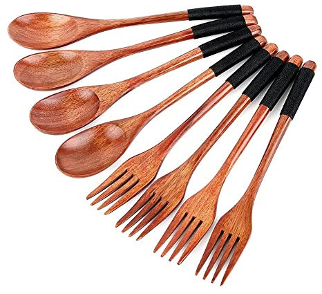 Haptufer 8Pcs Wooden Spoons Forks Set, Japanese Style Wooden Utensil Set, Handmade Kitchen Spoon, Reusable Travel Flatware Set A